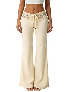 Lace-Waist Wide Leg Lounge Pants - Cream